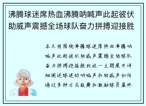 沸腾球迷席热血沸腾呐喊声此起彼伏助威声震撼全场球队奋力拼搏迎接胜利