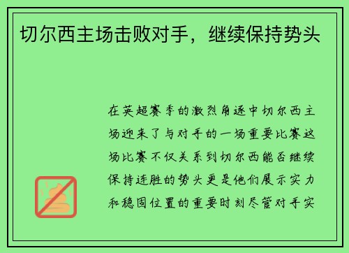 切尔西主场击败对手，继续保持势头