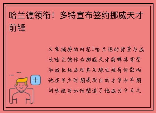 哈兰德领衔!多特宣布签约挪威天才前锋